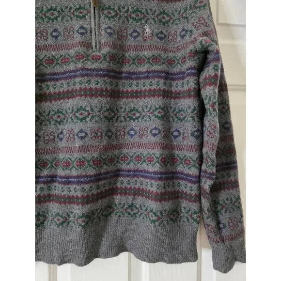 POLO RALPH LAUREN Men's Grey Fair Isle Wool-Cashmere 1/4 Zip Pullover Sweater L